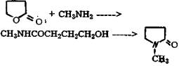 термическая конденсация бутиролактона с монометиламином, которая протекает при 240-270 °С, давле­нии 4,5-6,0 МПа двухступенчато через метила-мид 4-оксимасляной кислоты, которую в свою очередь получают при 80-150 и давлении 5 МПа