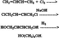 Метод получения 1,4-бутандиола за­ключается в неполном хлорировании 1,3-бута­диена, последующем гидролизе 1,4-дихлорбутена в 1,4-бутендиол и гидрировании последнего в конечный продукт.